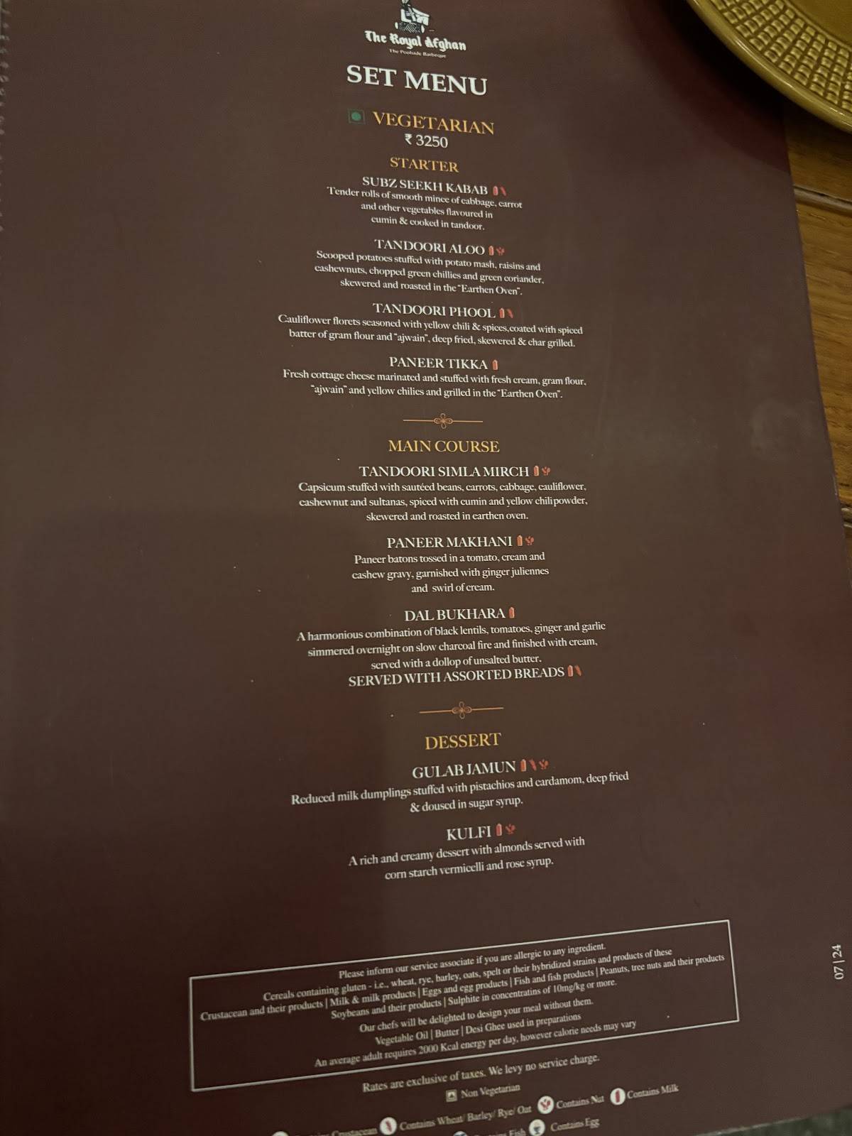 The Royal Afghan menu