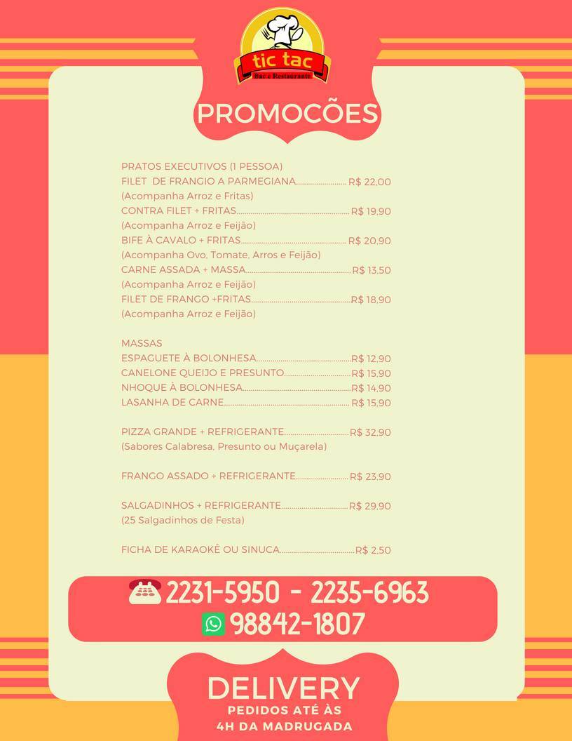 Tic Tac Restaurante e Bar cardápio