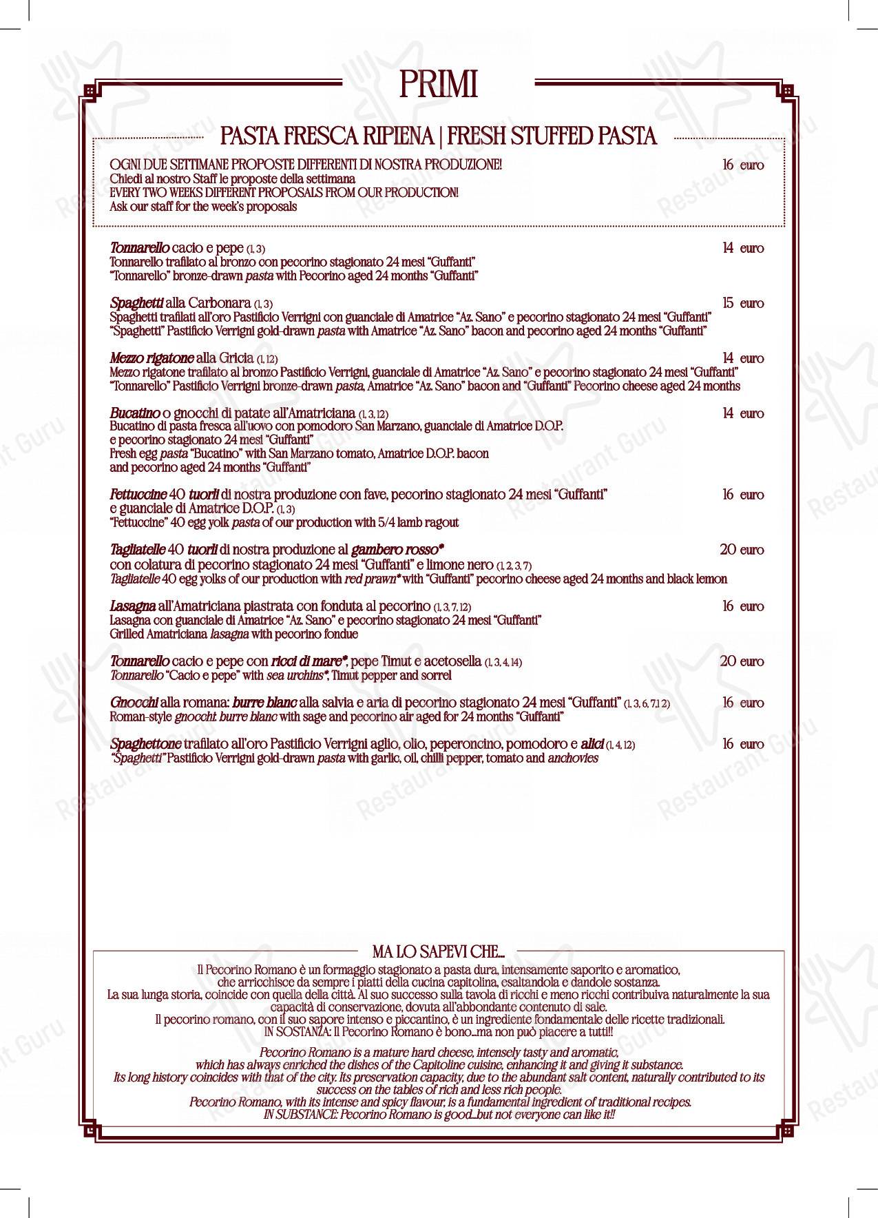 Menu di Ristorante Trastevere - pasti e bevande