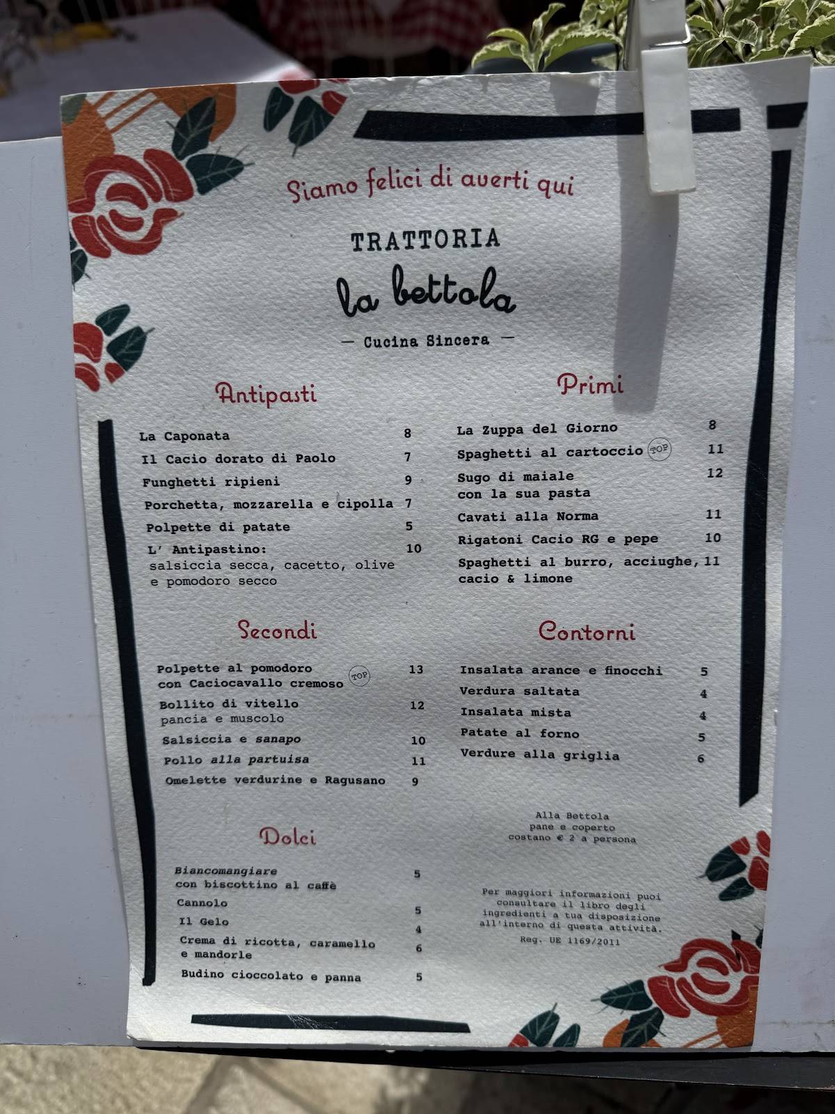 Menu di Trattoria La Bettola 