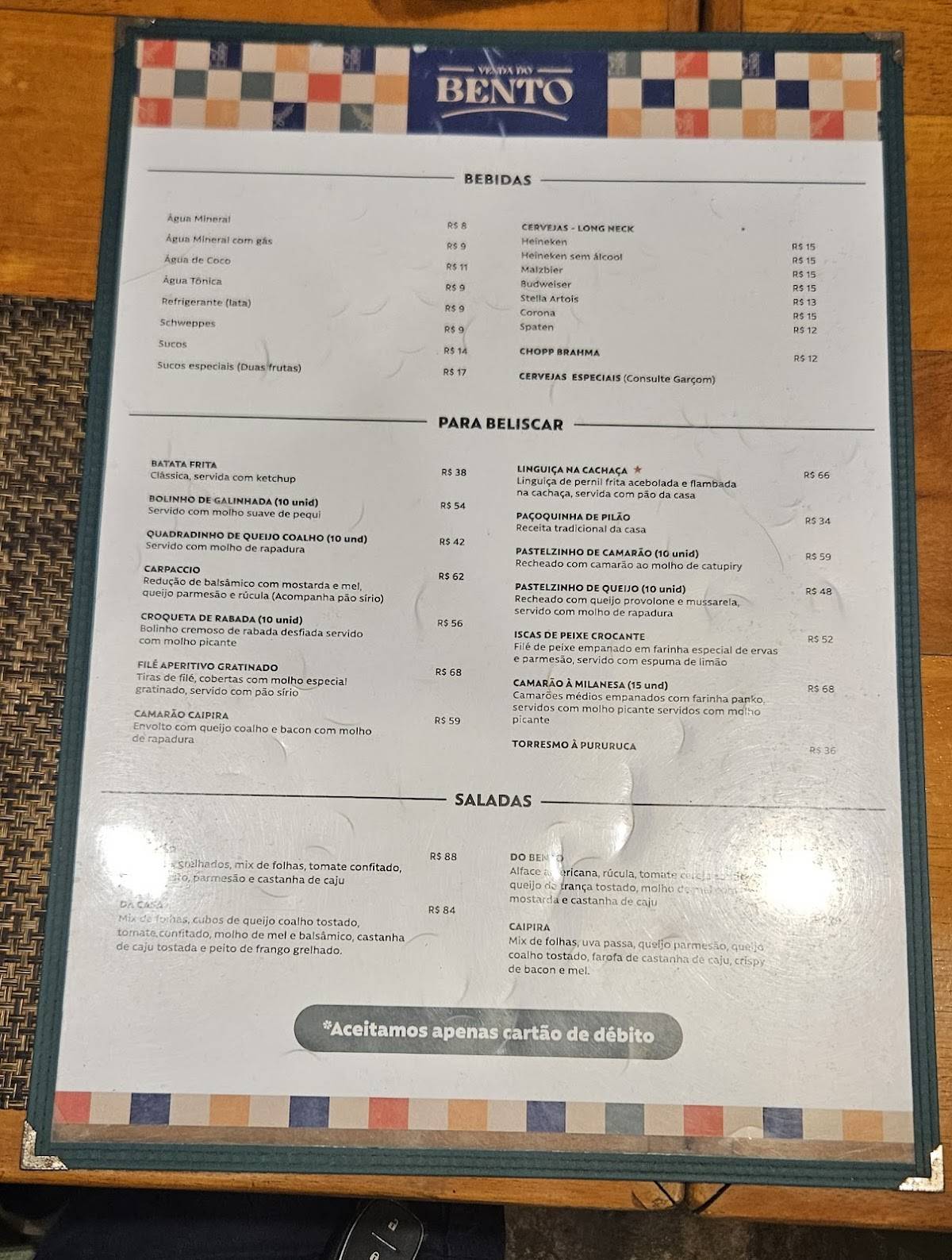 Venda do Bento cardápio
