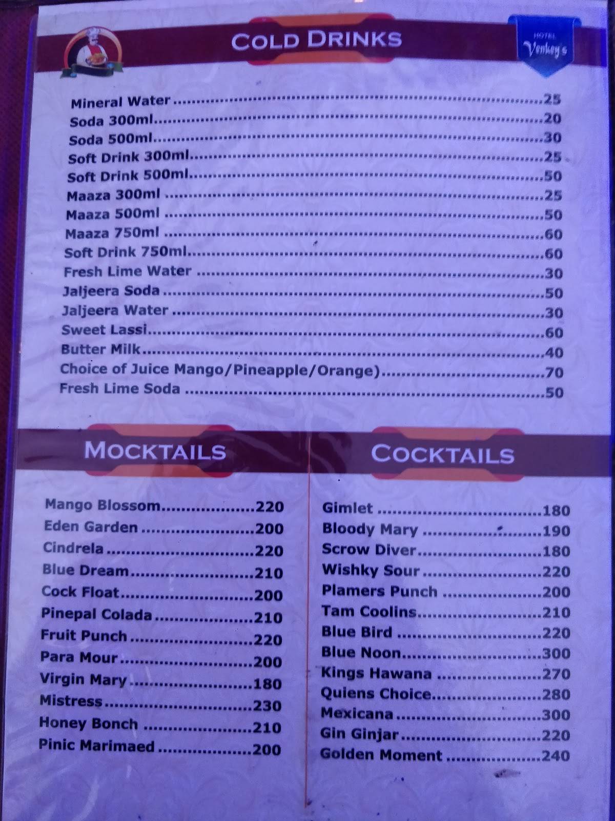 Venky's Family Restaurant And Bar menu