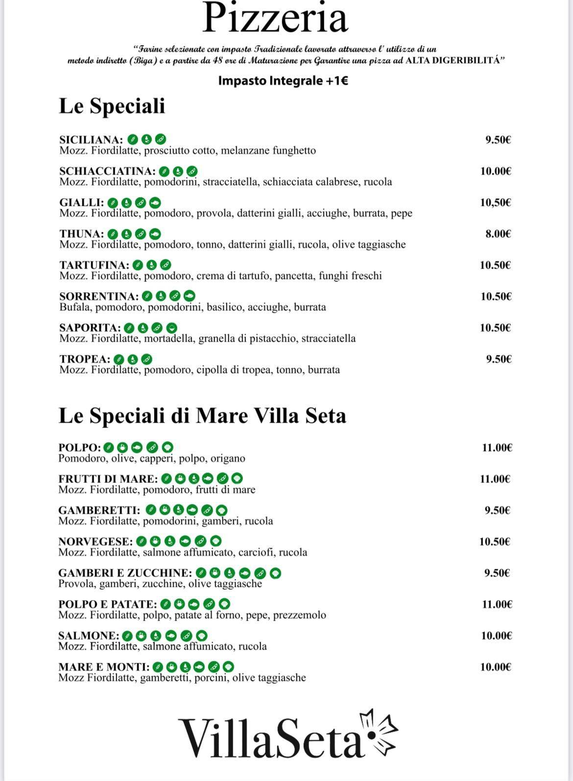 Menu di Villa Seta 