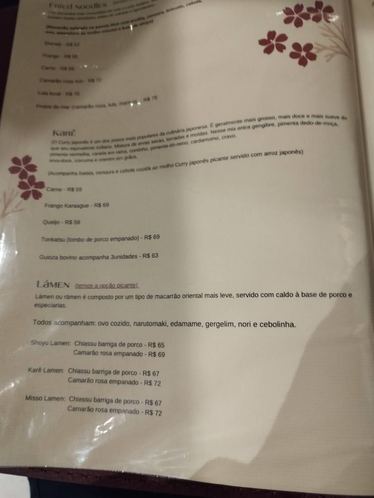 Restaurante japonês Wok e Sushi Bar cardápio