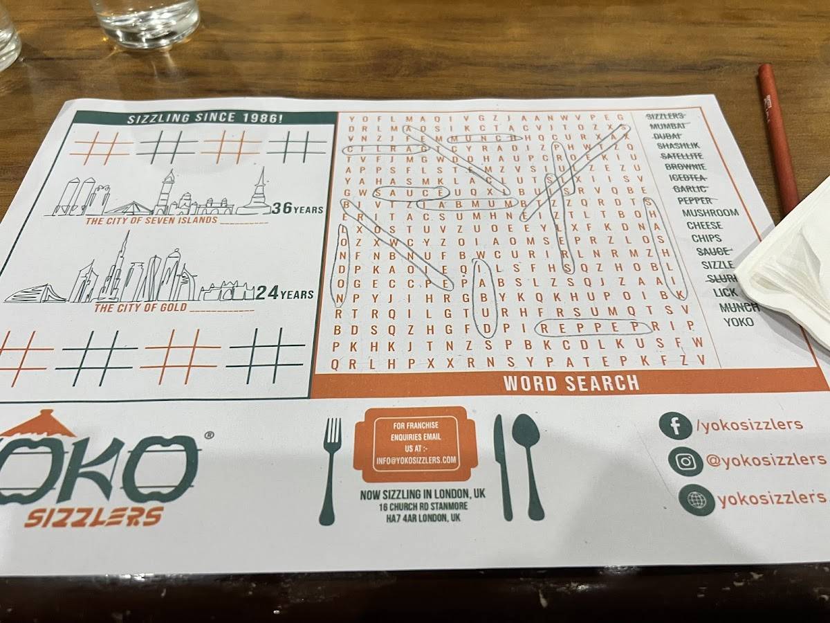 Yoko Sizzlers menu