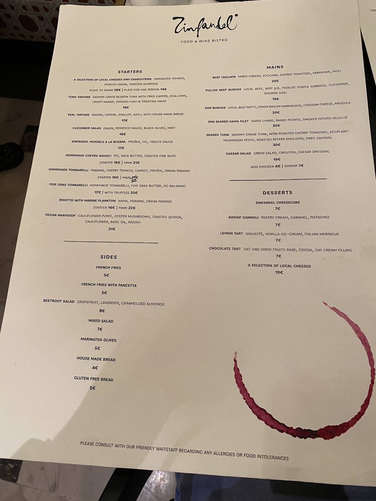 Menu di Zinfandel Food & Wine Bistro 