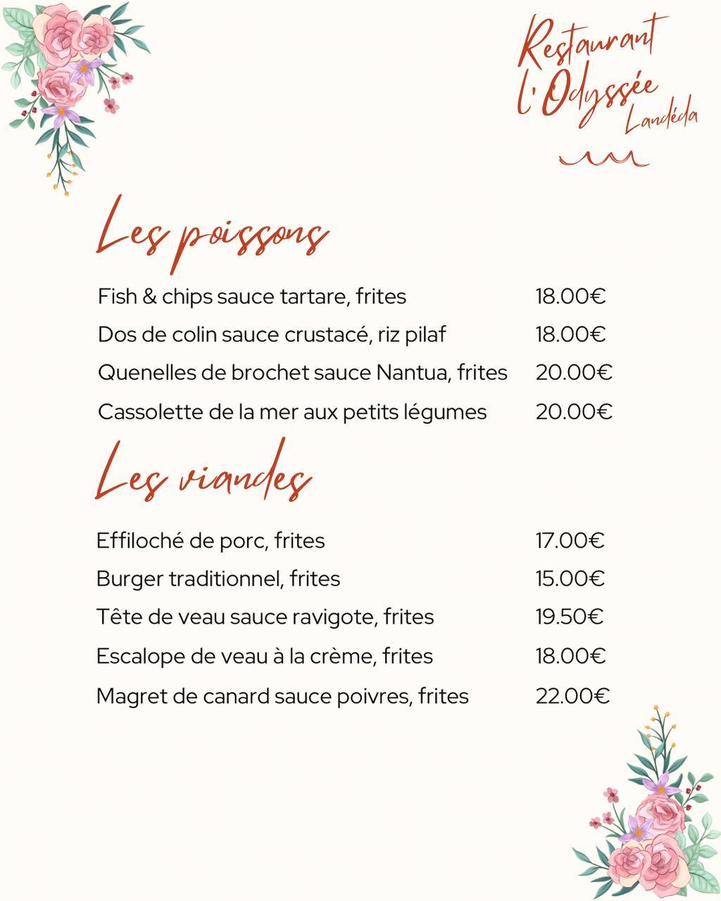 Menu de Restaurant bar l' odyssée