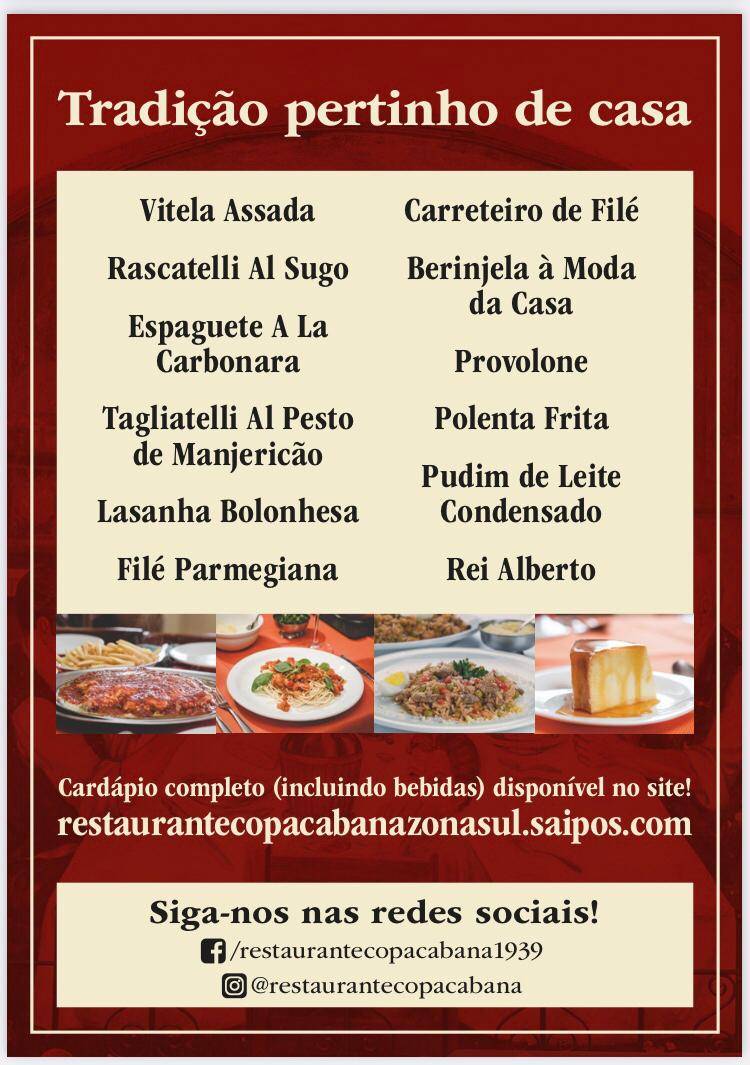 Restaurante Copacabana - Zona Sul cardápio