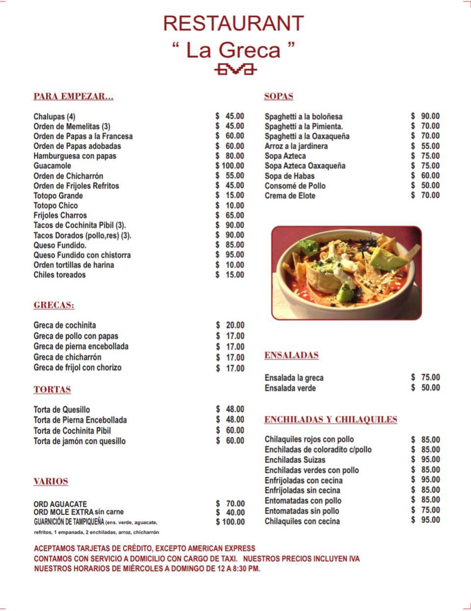 Carta de Restaurante La Greca, Tehuacán