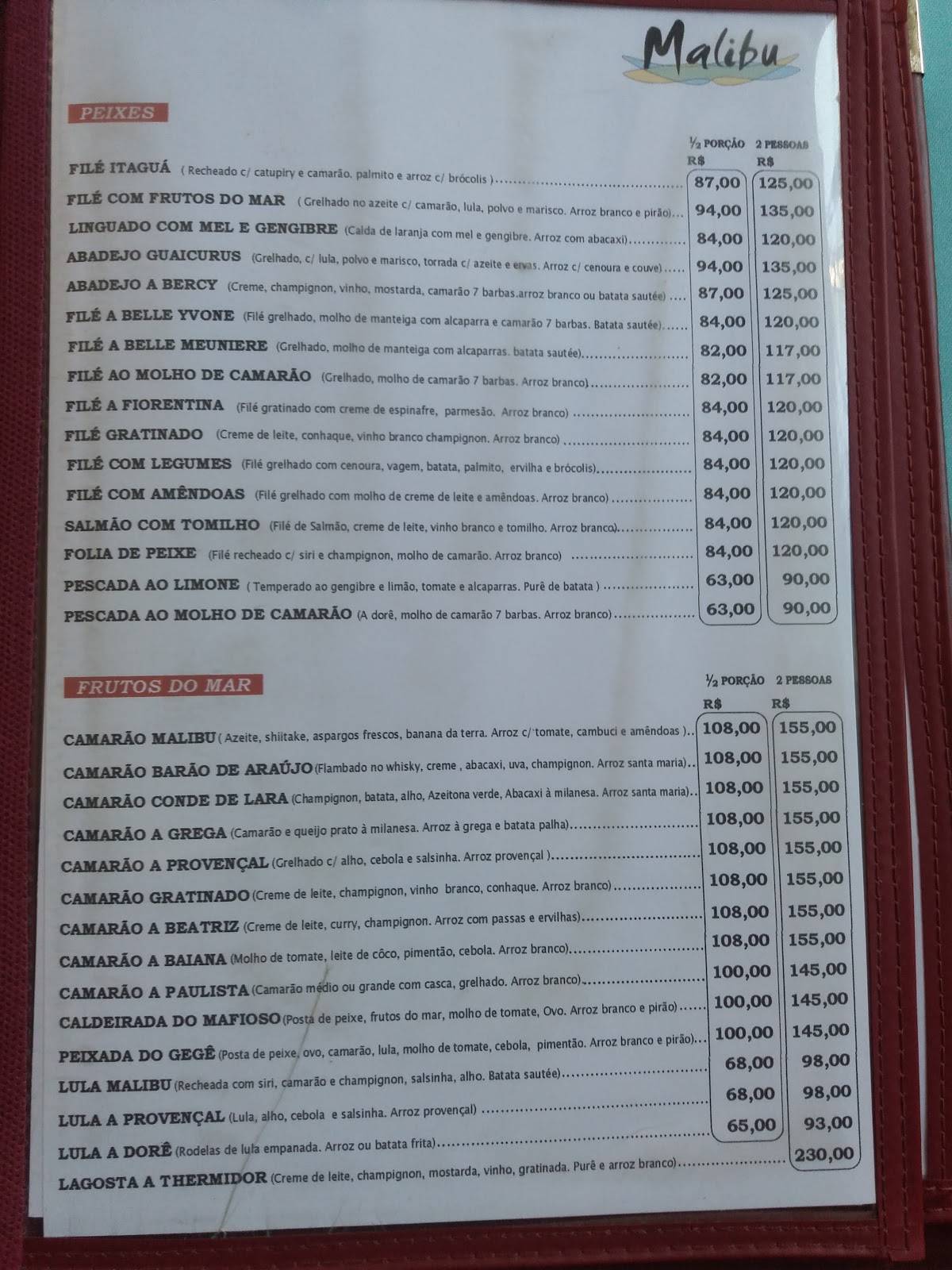 Restaurante Malibu cardápio