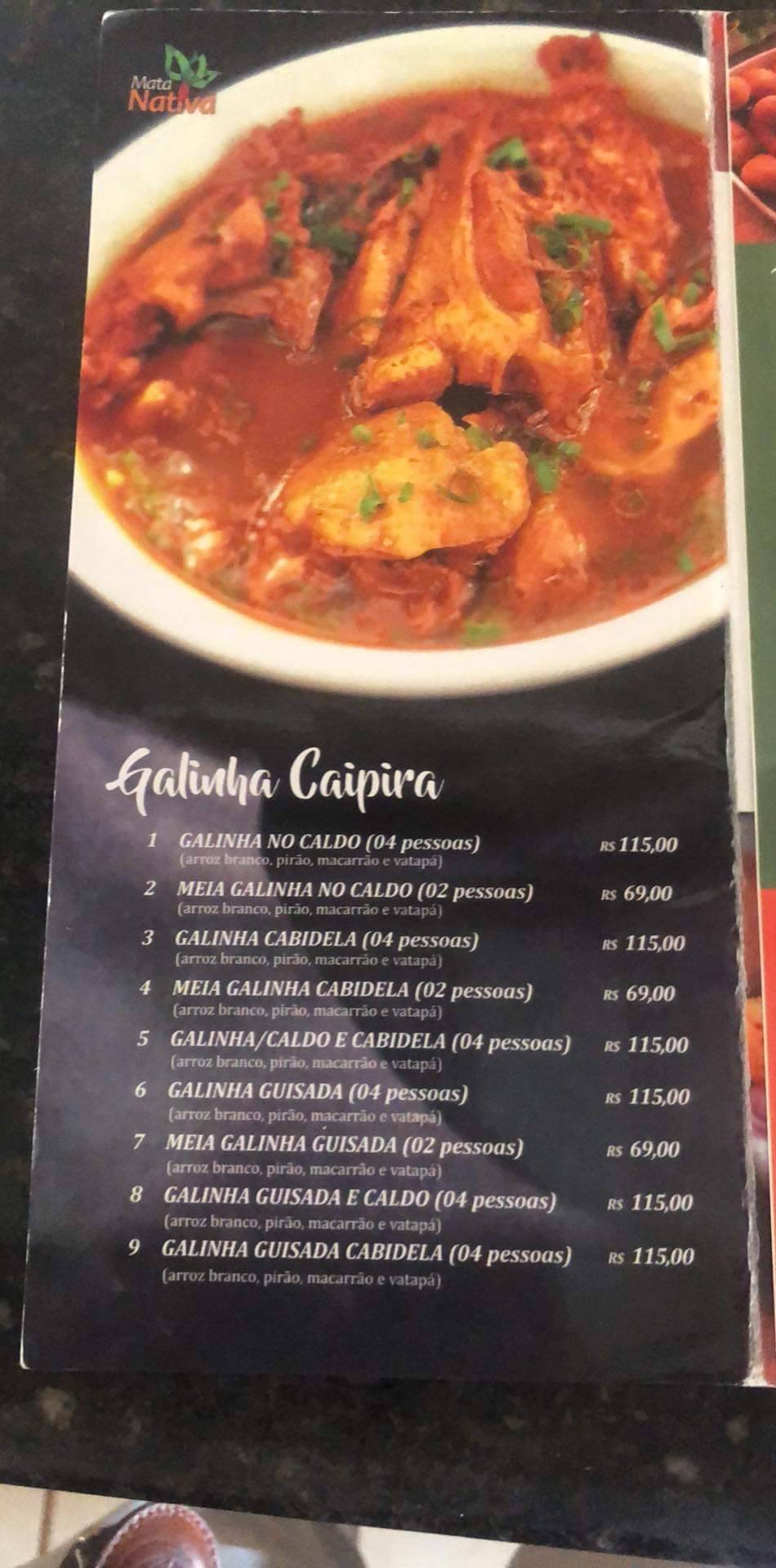 Restaurante Mata Nativa cardápio