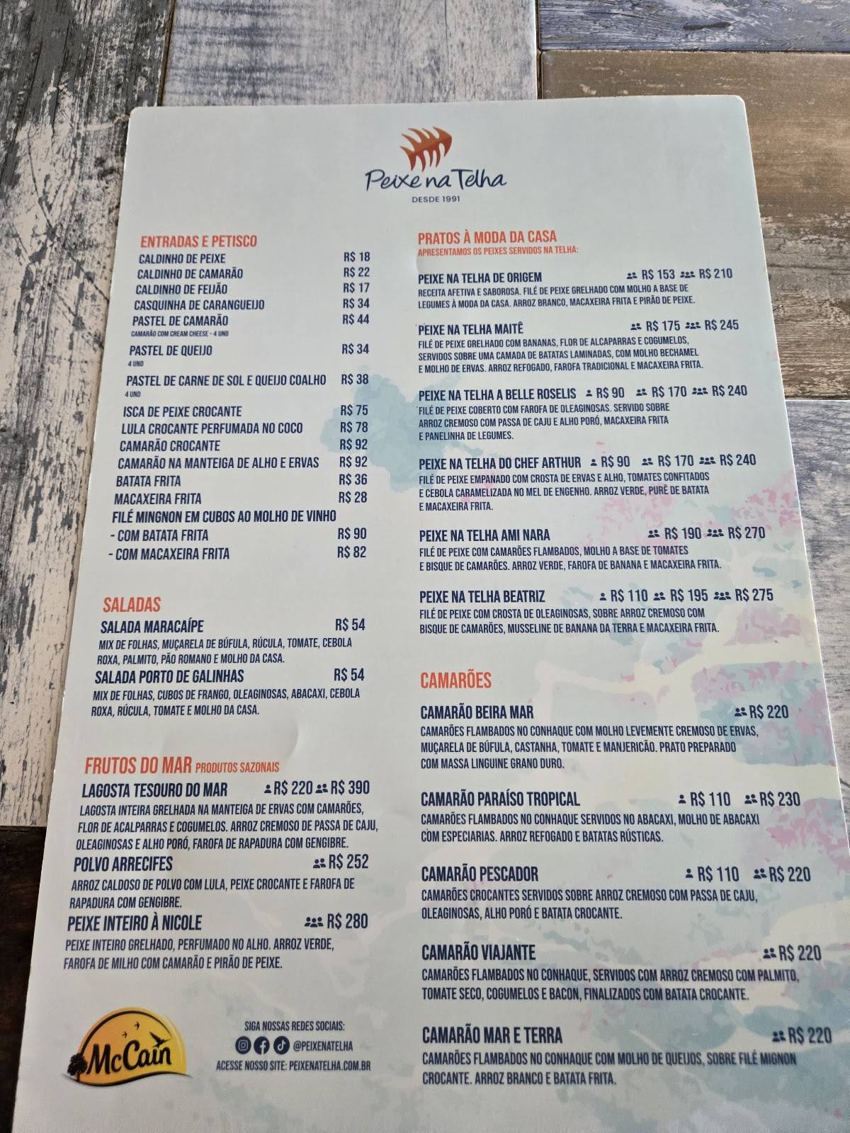 Restaurante Peixe na Telha cardápio