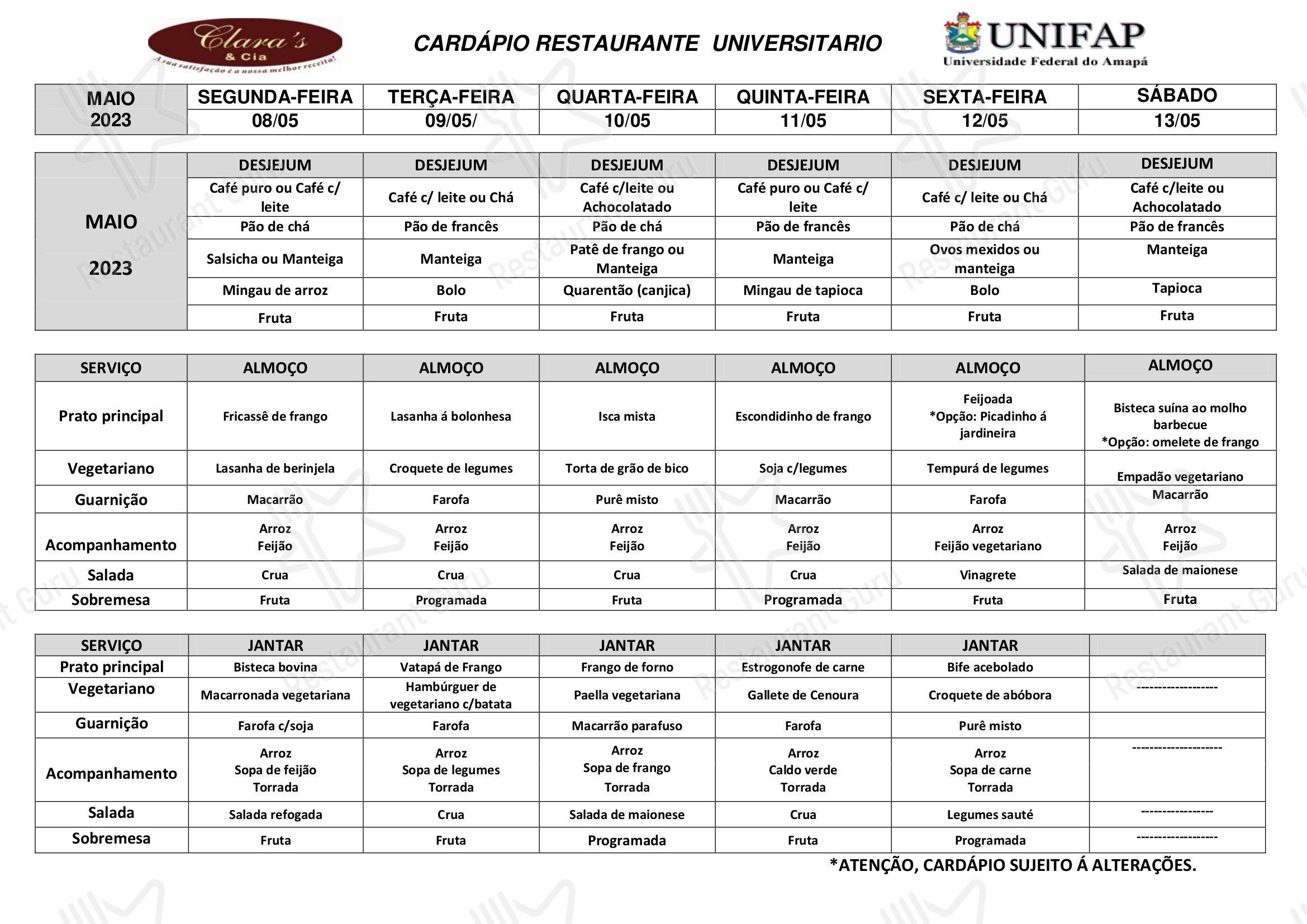 Restaurante Universitário - UNIFAP em Macapá - Wedding Menu