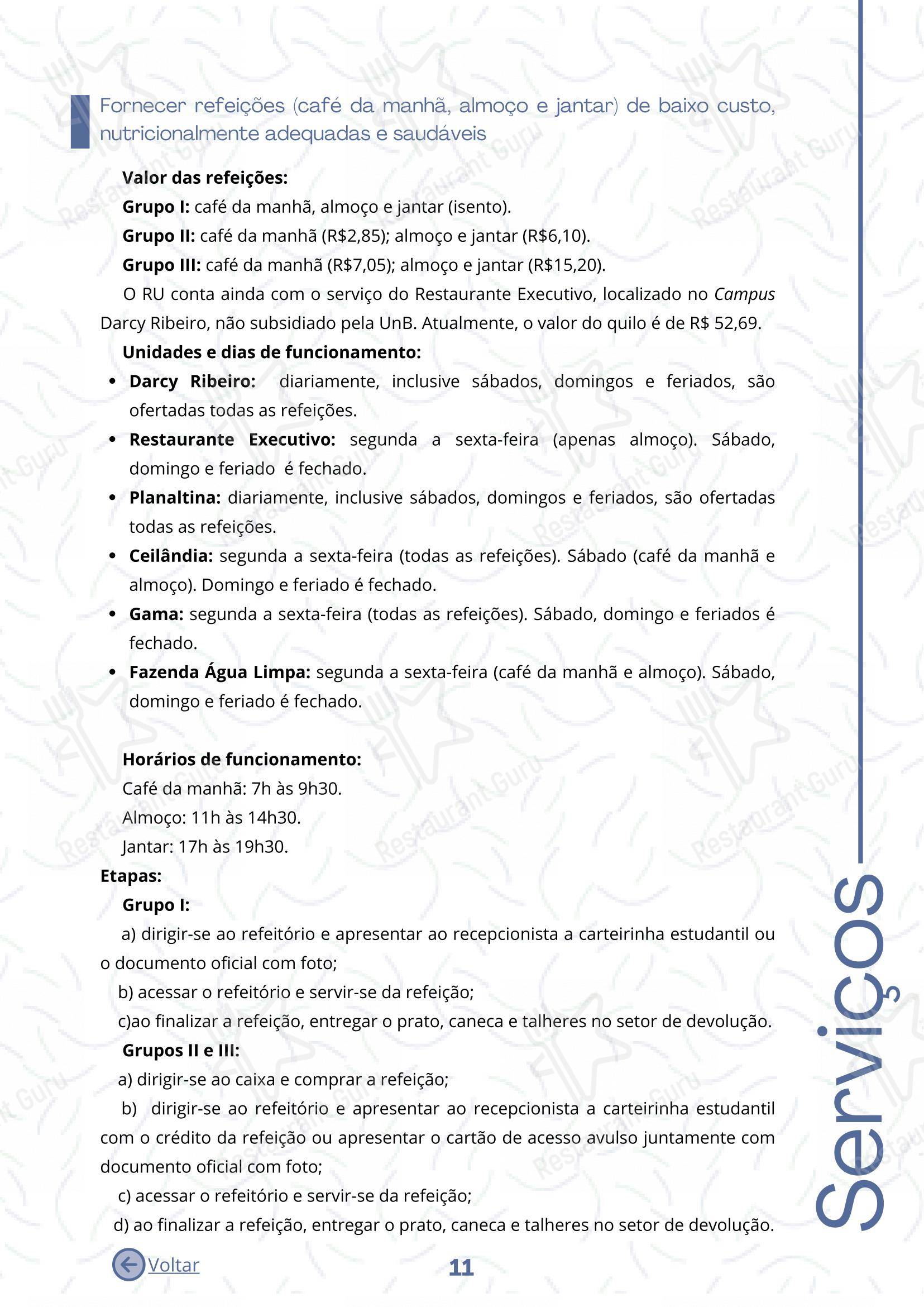 Restaurante Universitário - RU ISM GOMES DE MATTOS em Brasília - Основное меню