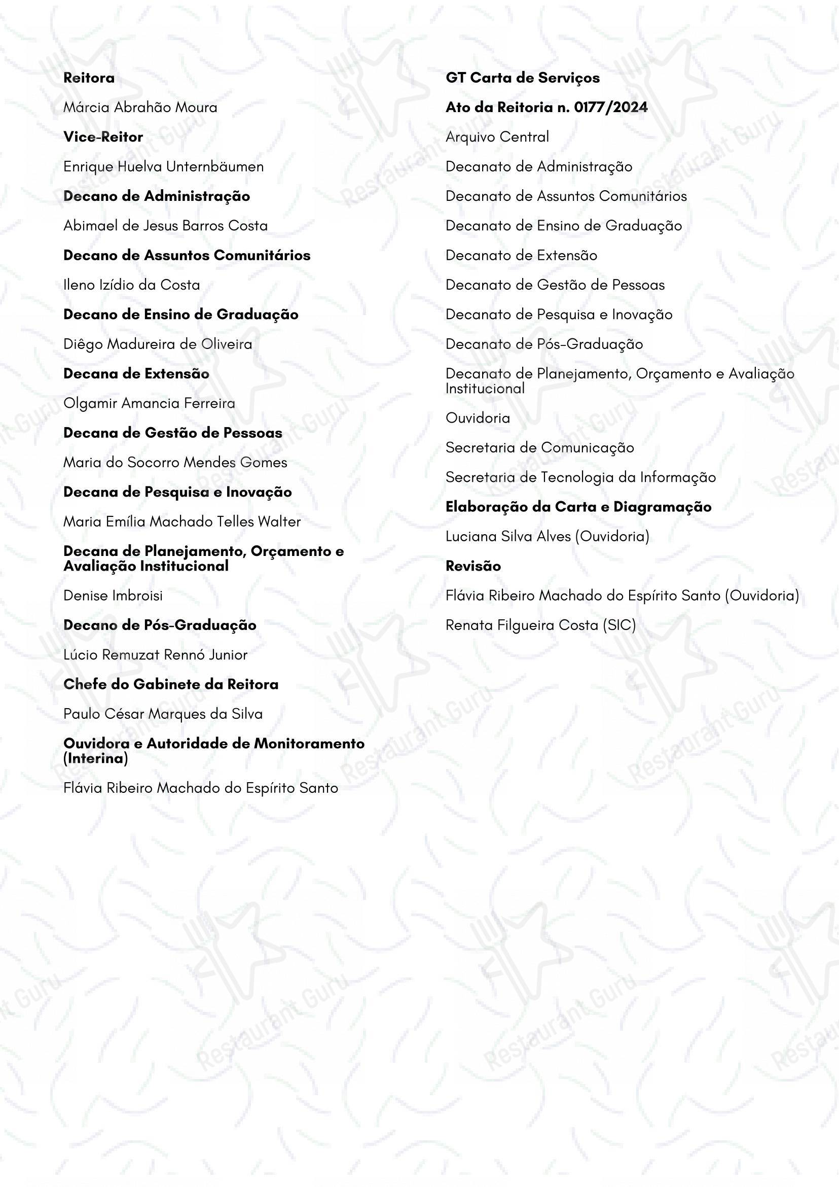 Restaurante Universitário - RU ISM GOMES DE MATTOS - Основное меню