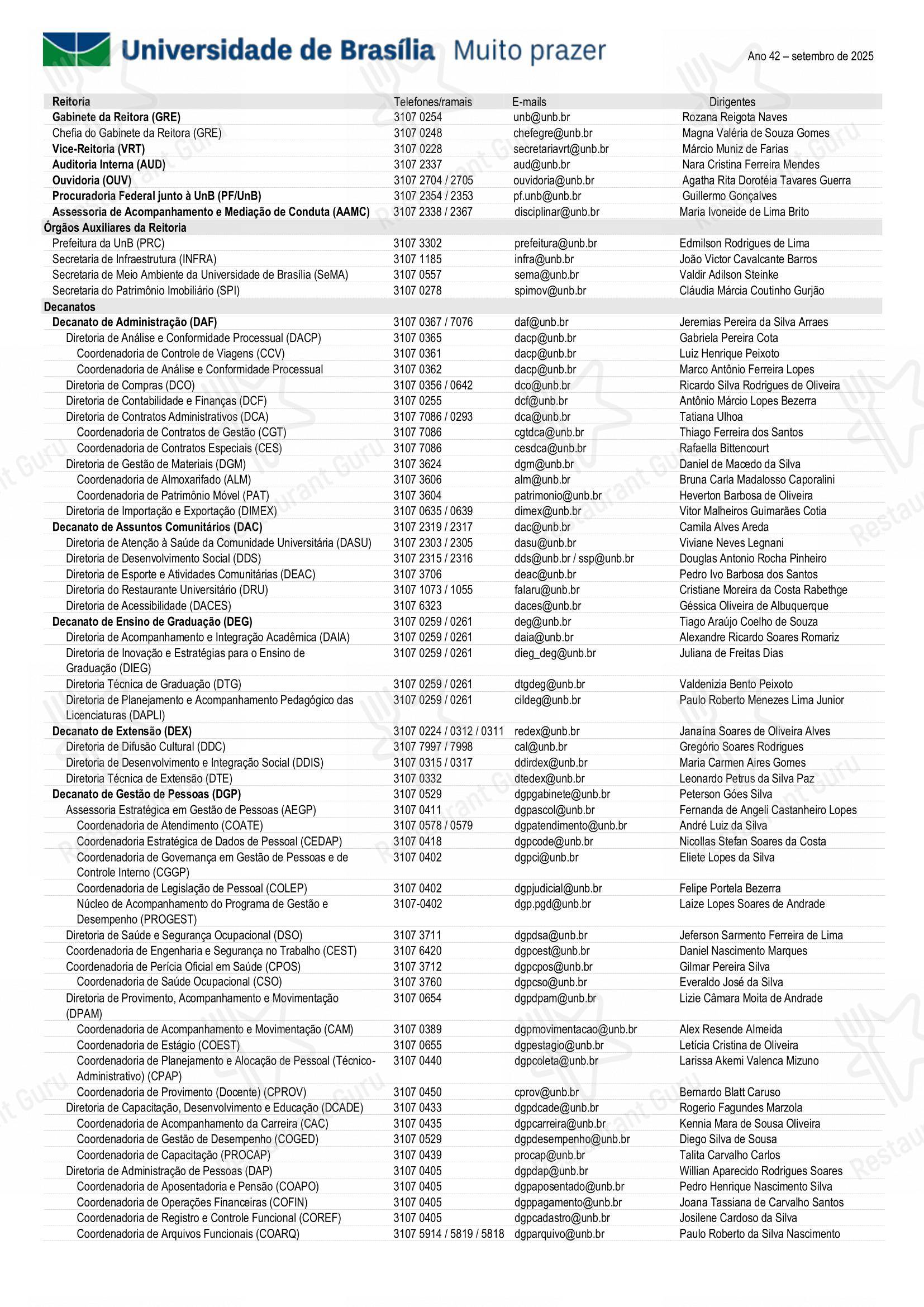 Menu para Restaurante Universitário - RU ISM GOMES DE MATTOS em Brasília