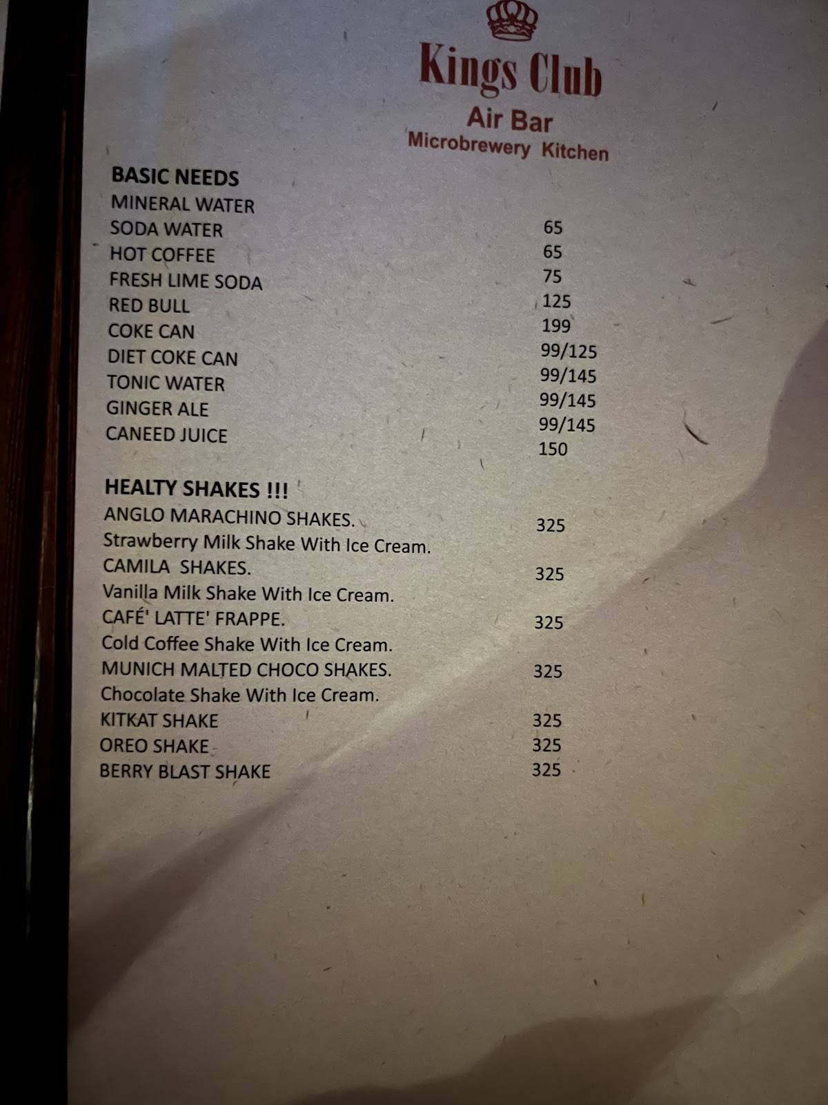 Kings Club menu