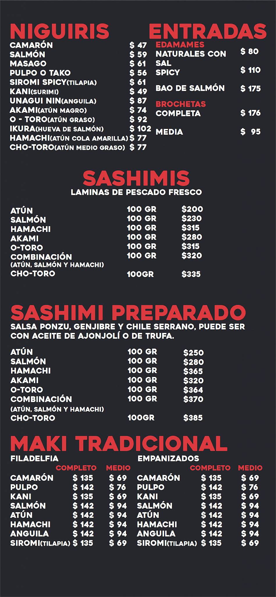 Carta del restaurante Rey Chango, Guadalajara