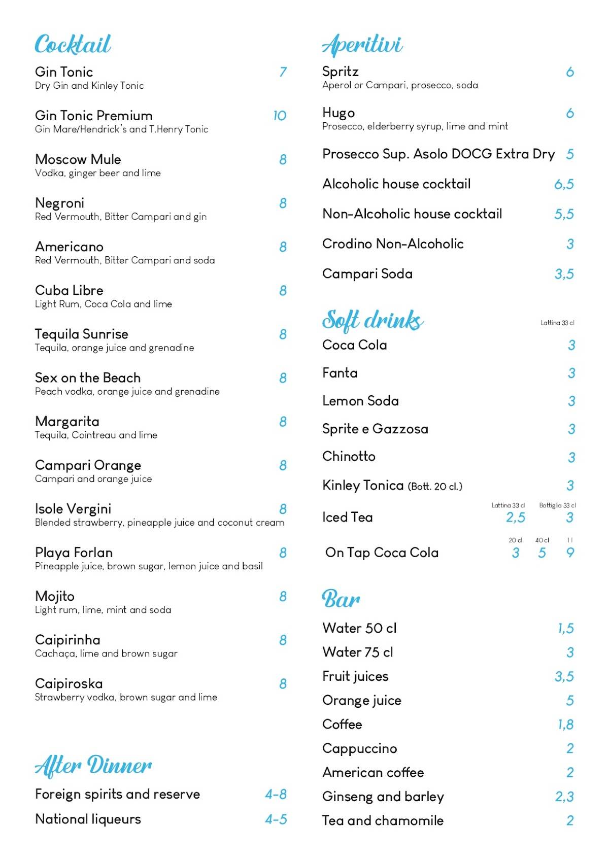 Menu di B&B Bar Ristorante Pizzeria 