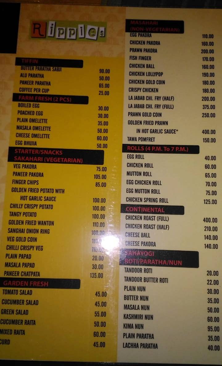 Ripples Restaurant menu