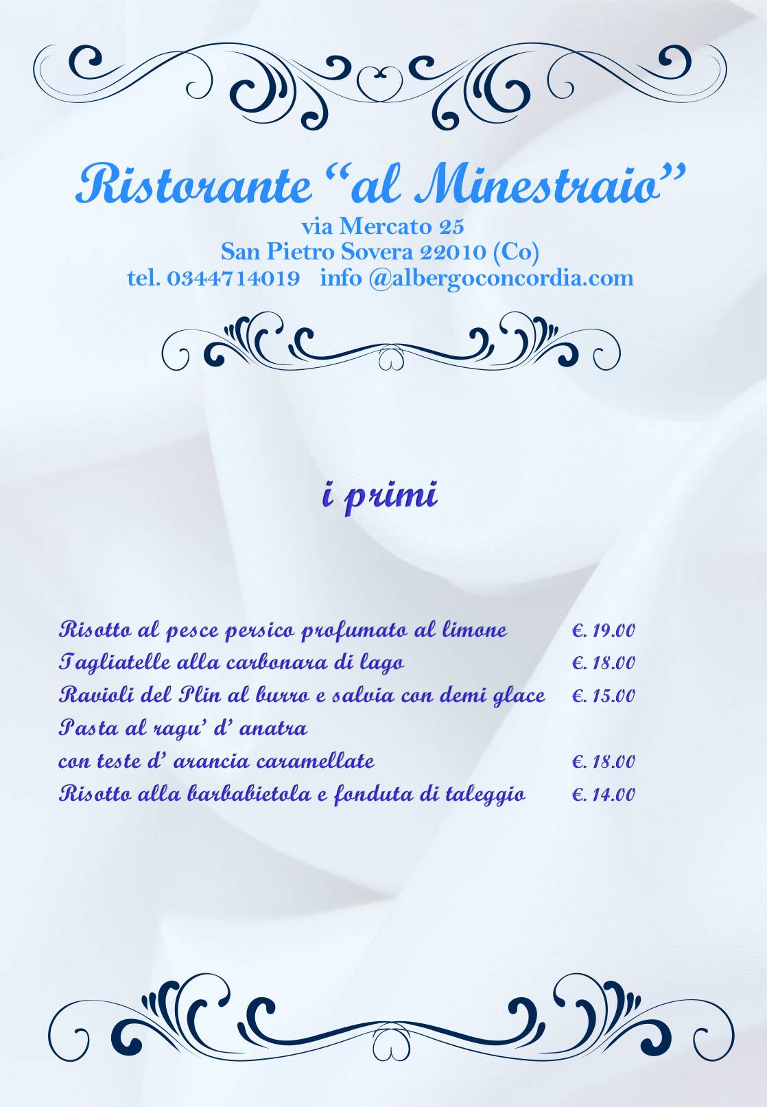 Menu di Hotel Concordia-Ristorante AL MINESTRAIO - Bar- 