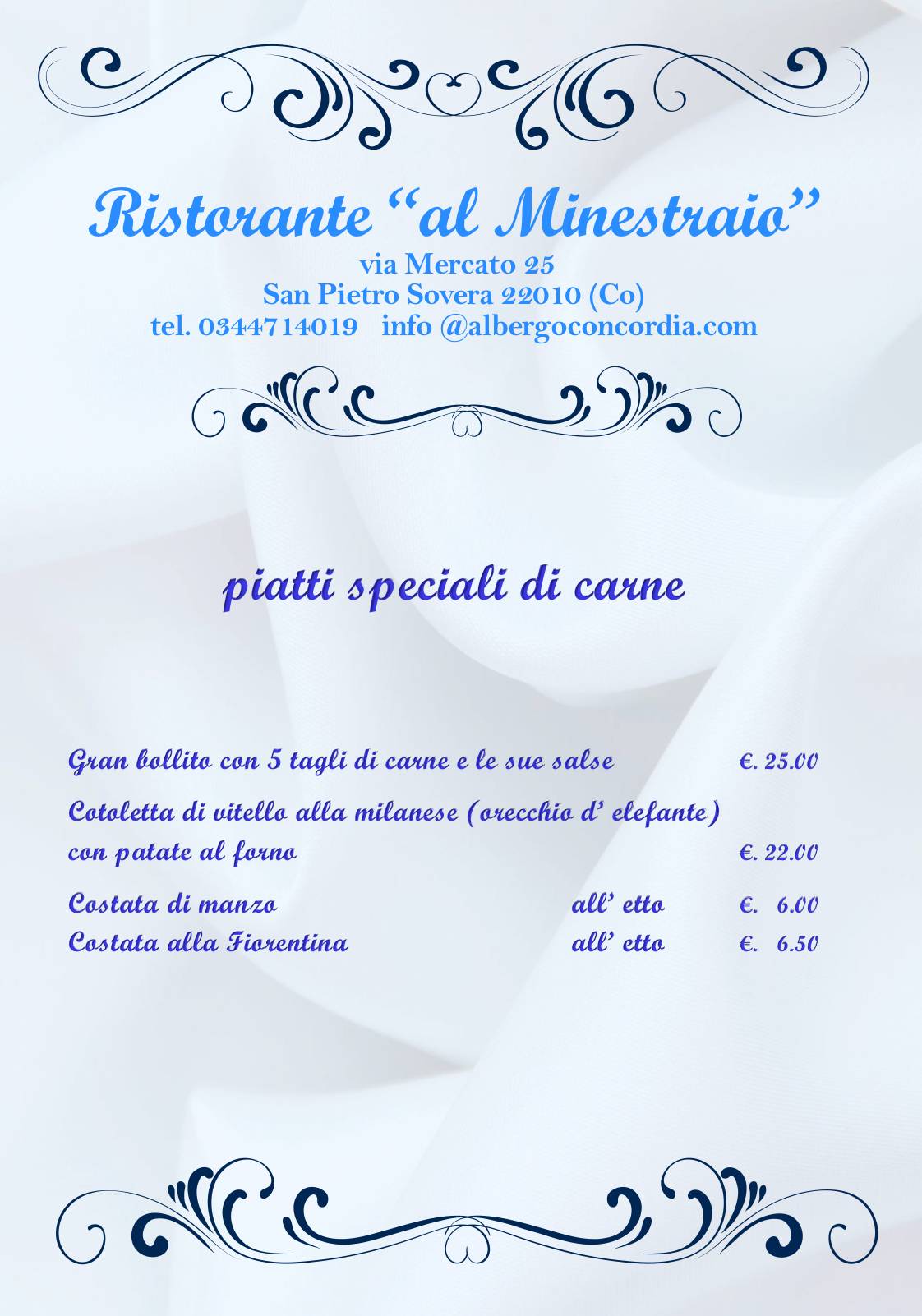 Menu di Hotel Concordia-Ristorante AL MINESTRAIO - Bar- 