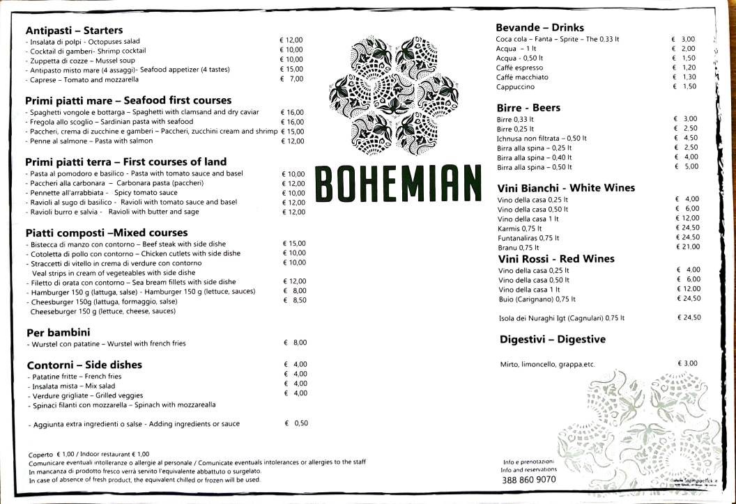 Menu di Ristorante BOHEMIAN 