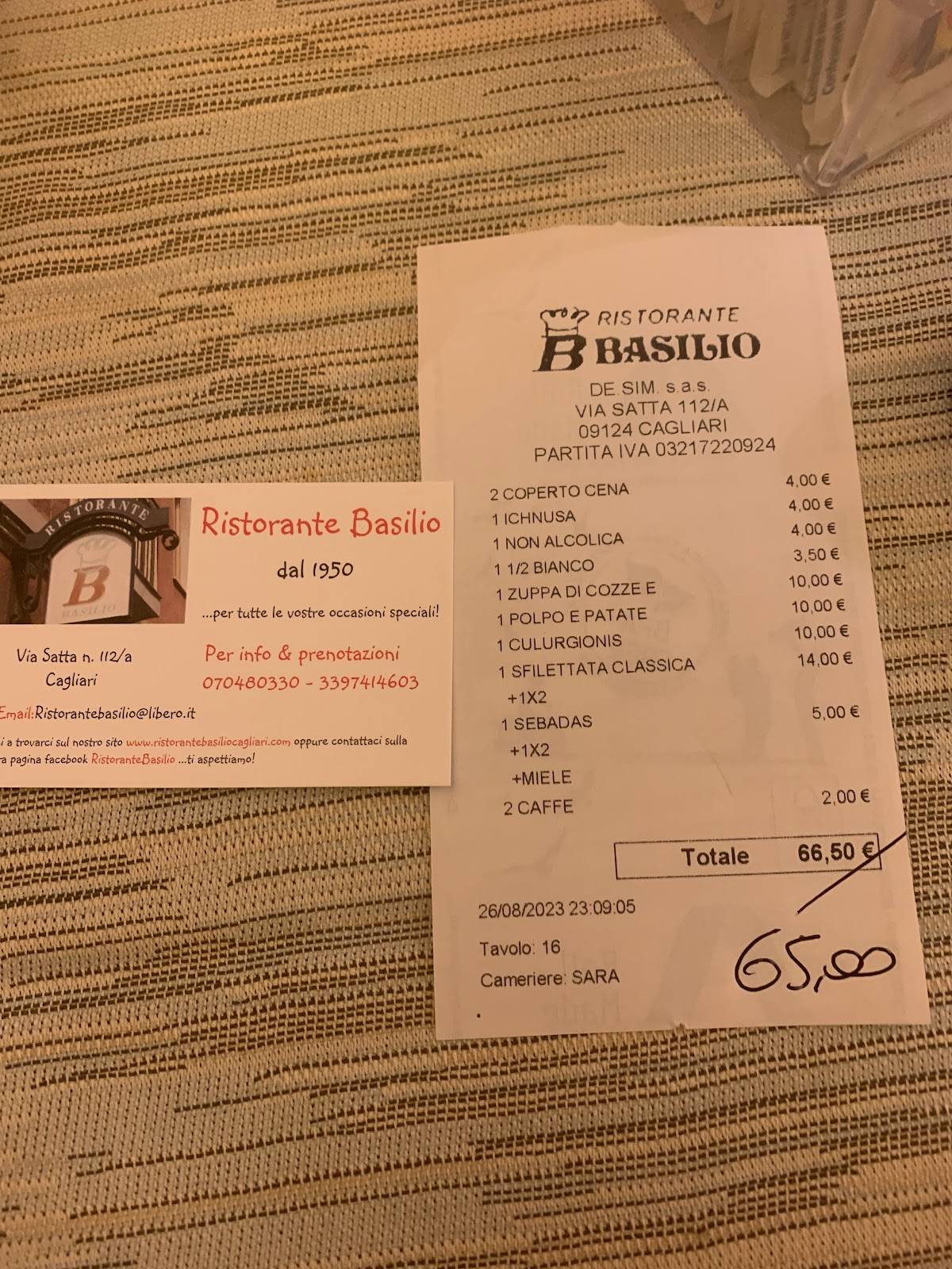 Menu di Ristorante Basilio Cagliari 