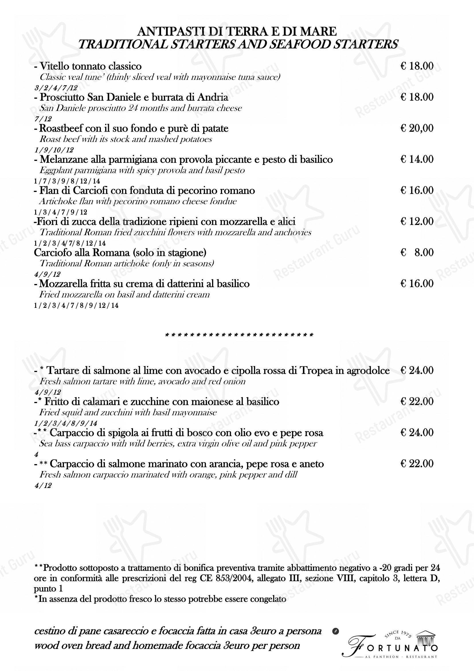 Menu per Ristorante Fortunato al Pantheon in Roma