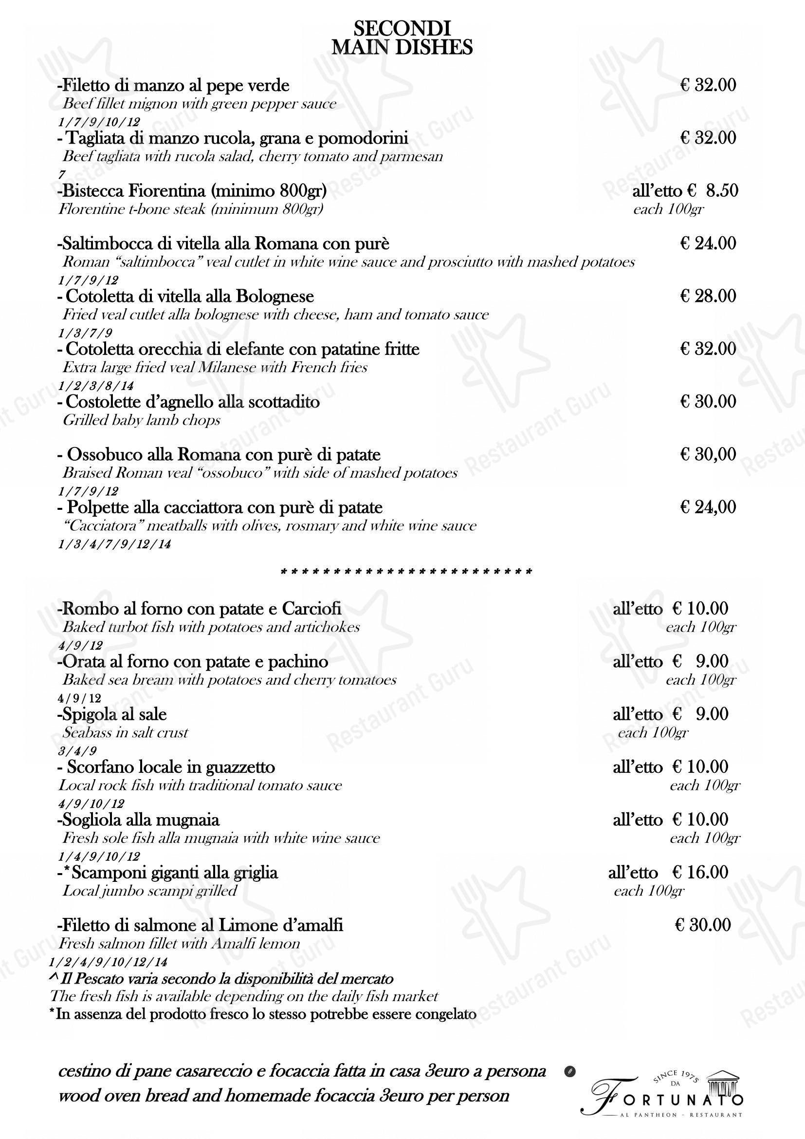 Ristorante Fortunato al Pantheon in Roma - Menu