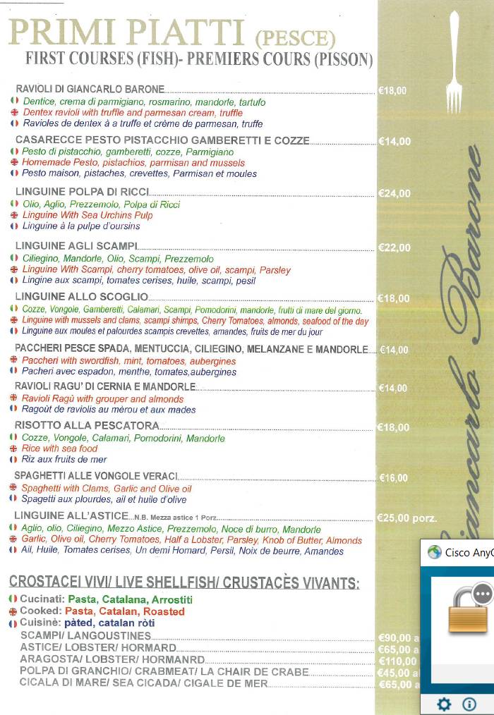 Menu di Ristorante Giancarlo Barone Acicastello 