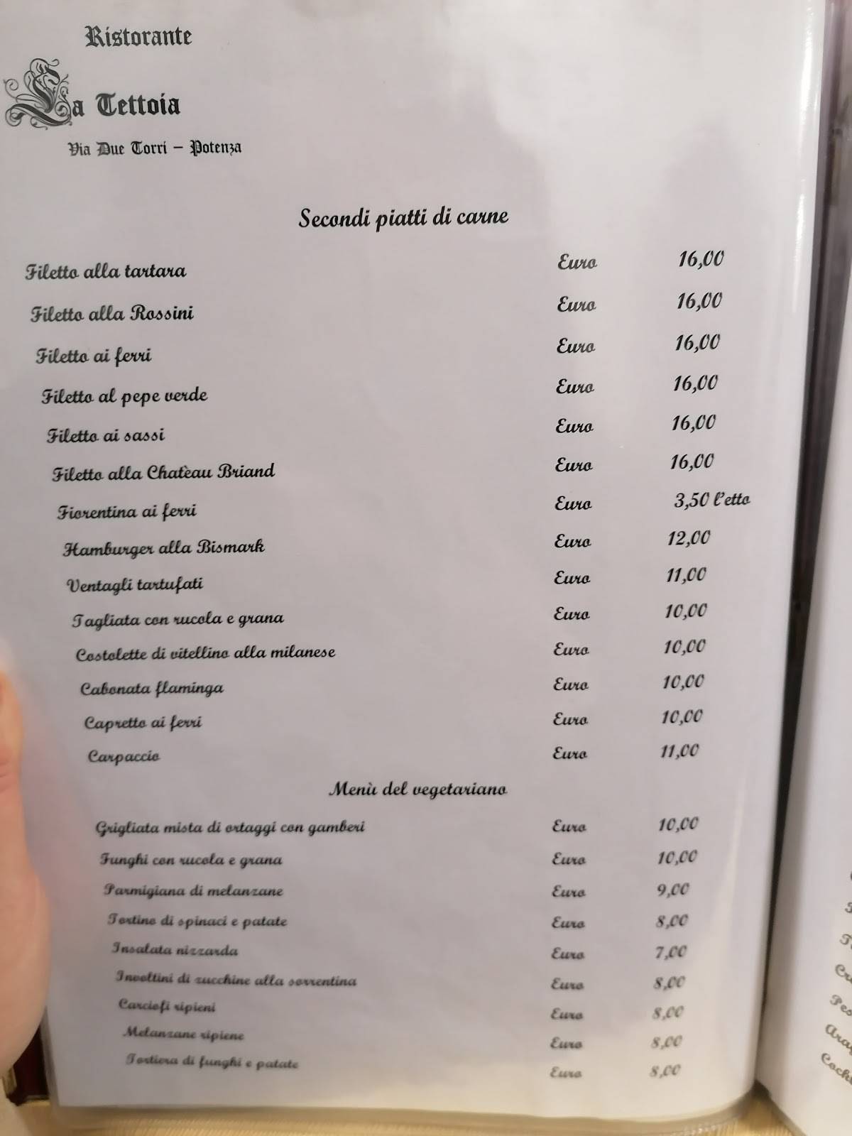 Menu Da Ristorante La Tettoia Potenza Via Due Torri