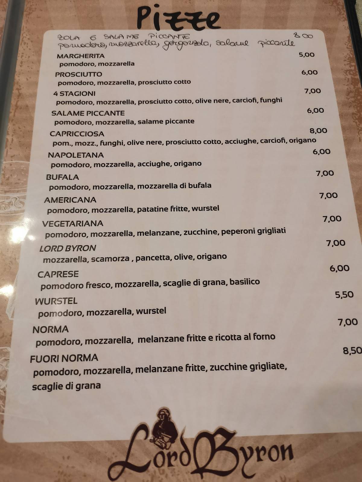 Menu di Ristorante Lord Byron 