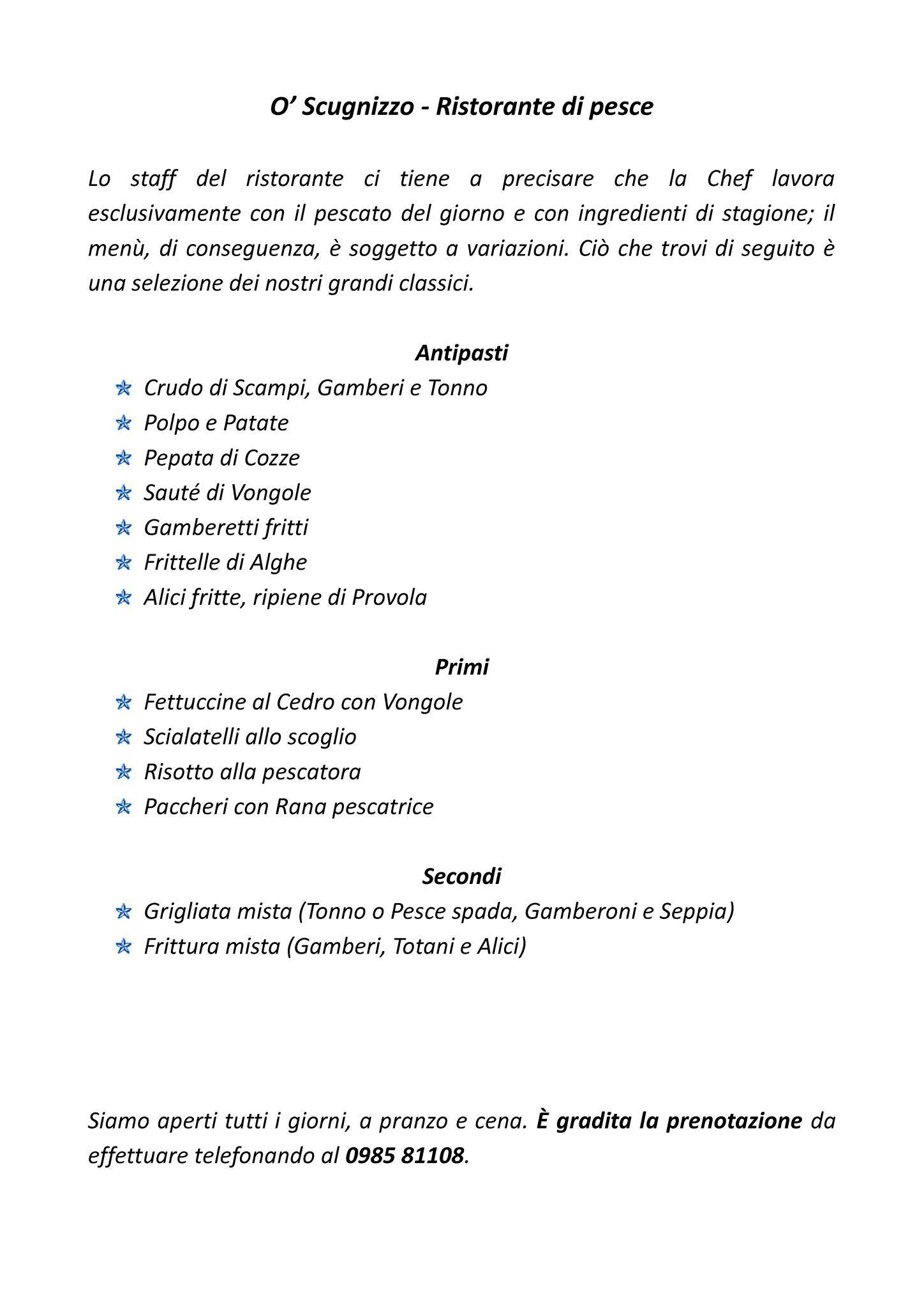 Menu di Ristorante O' Scugnizzo 