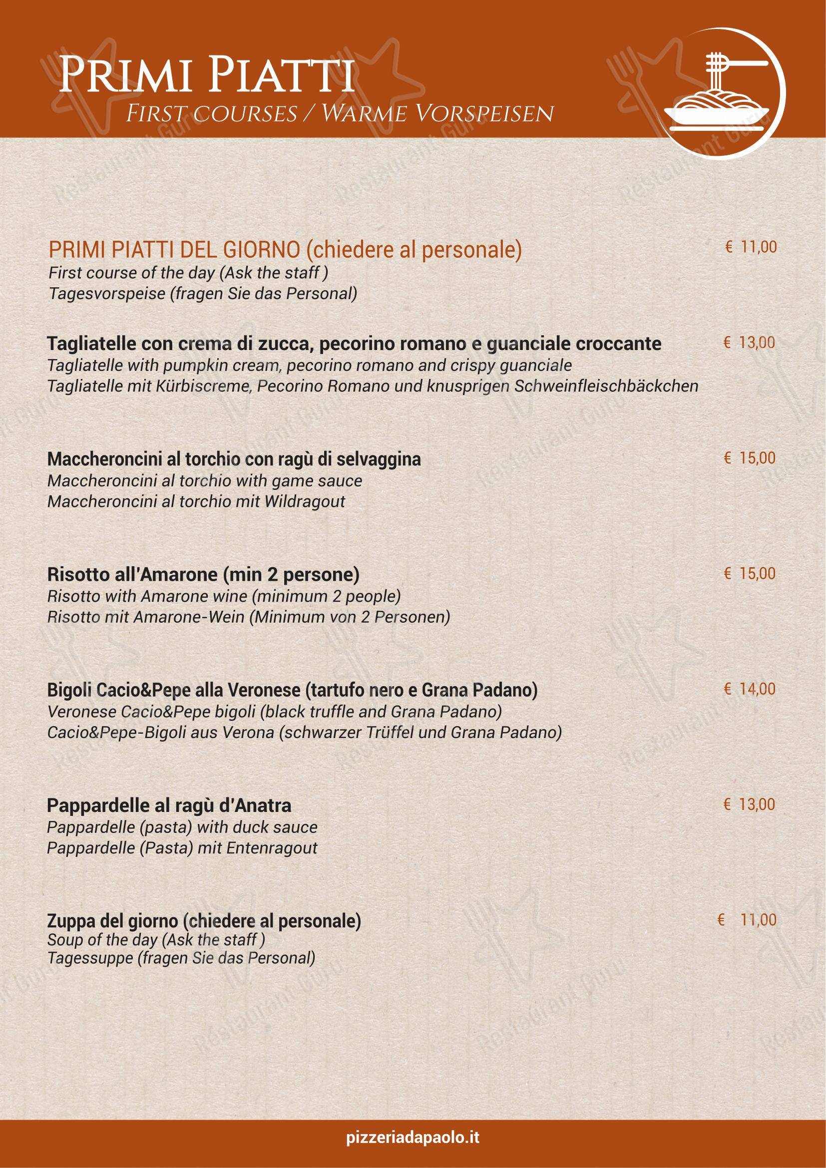 Menu per Ristorante Pizzeria Paolo - Hotel Antichi Cortili in Dossobuono