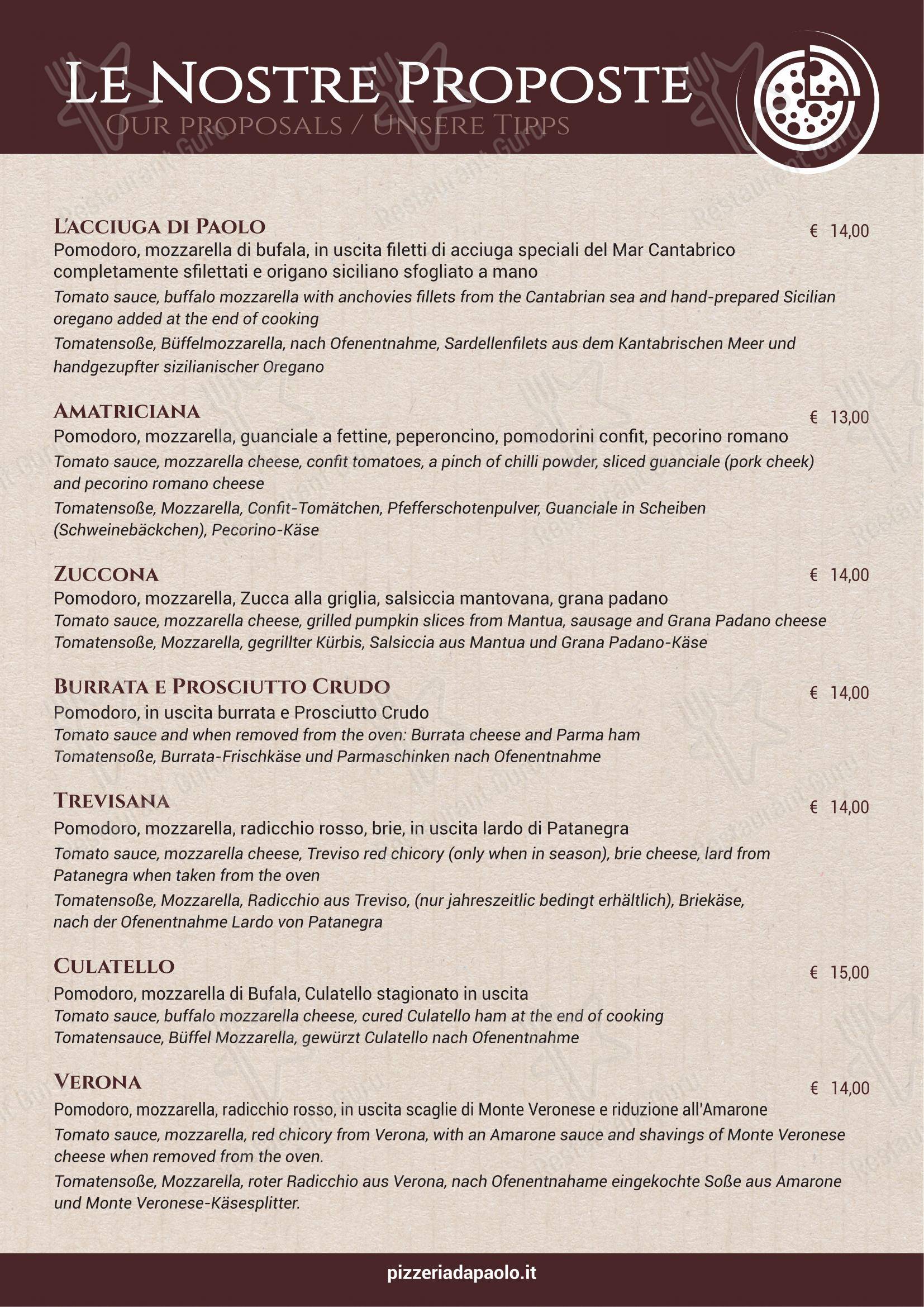 Menu di Ristorante Pizzeria Paolo - Hotel Antichi Cortili - Menu