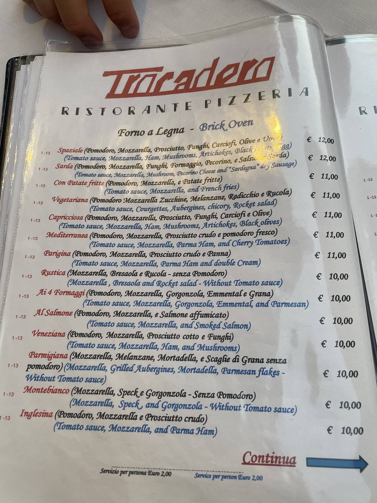Menu di Ristorante Pizzeria Trocadero 