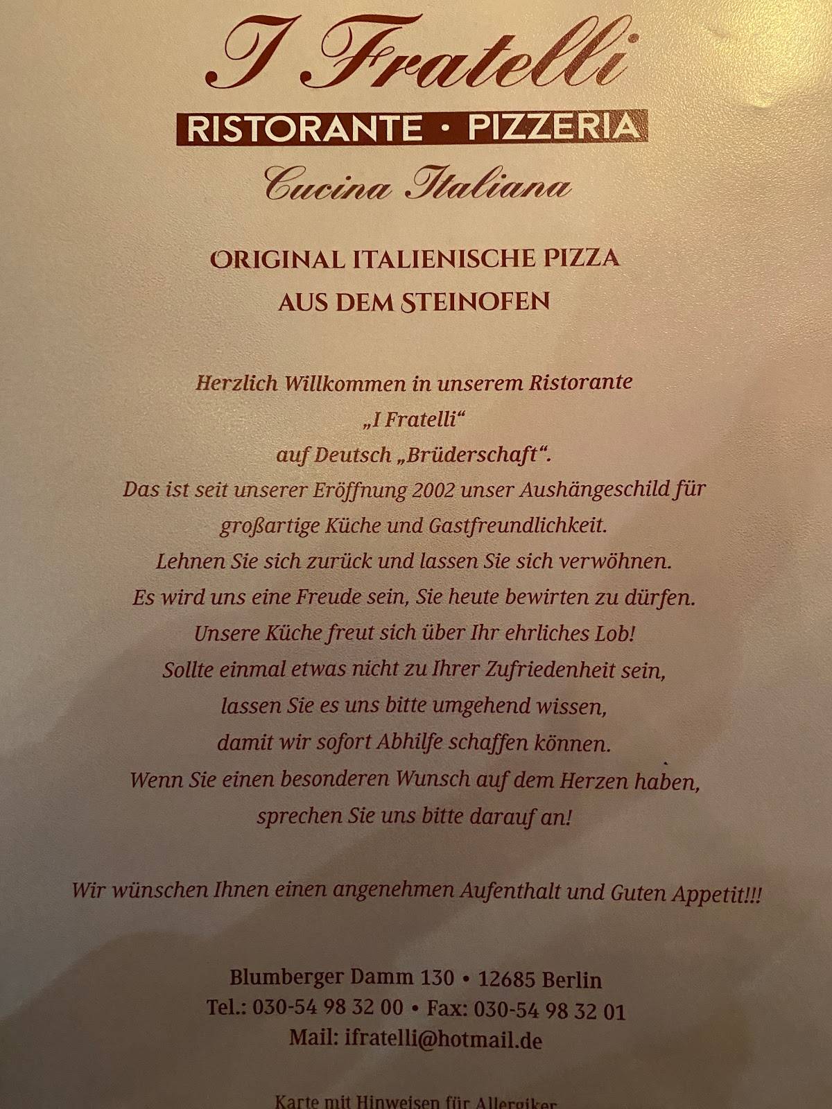 Speisekarte von Ristorante i Fratelli restaurant, Berlin