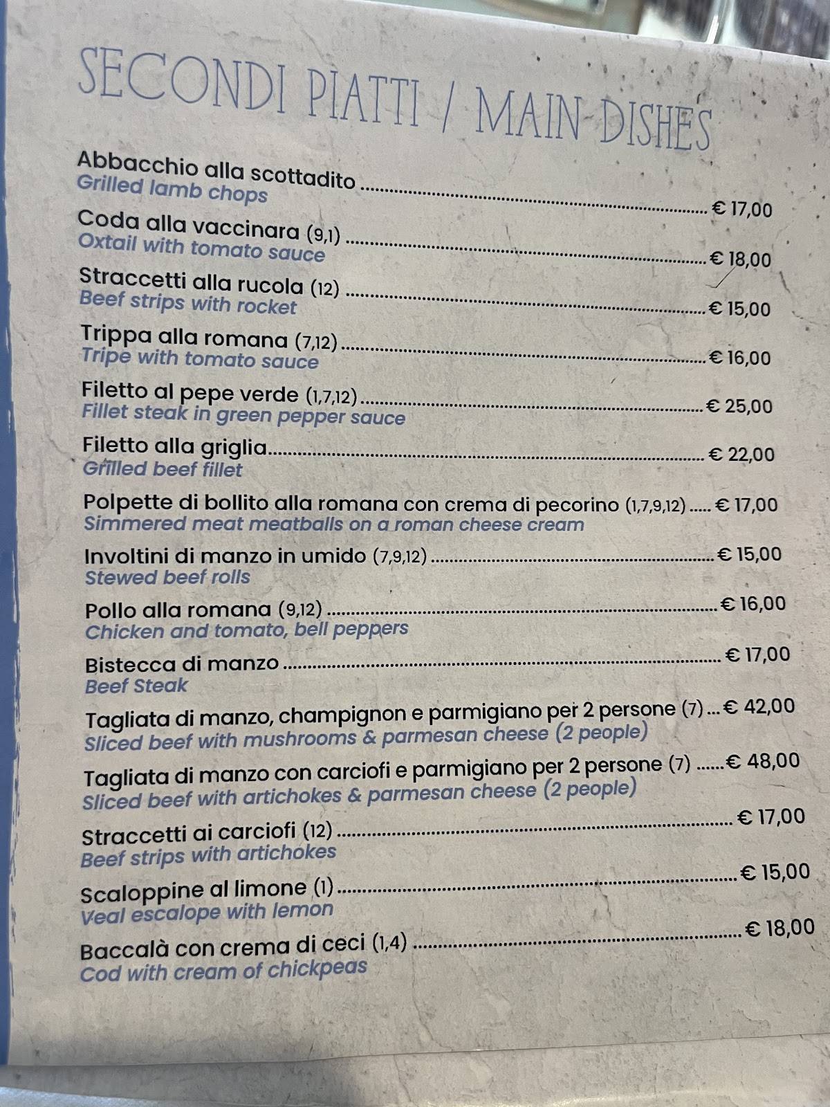 Menu da Roma Sparita pizzeria, Roma, Piazza di Santa Cecilia
