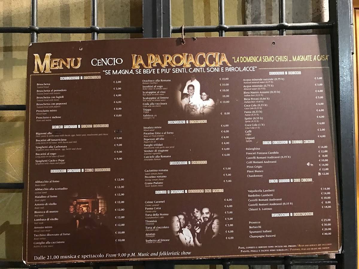 Menu di "Cencio" La Parolaccia 