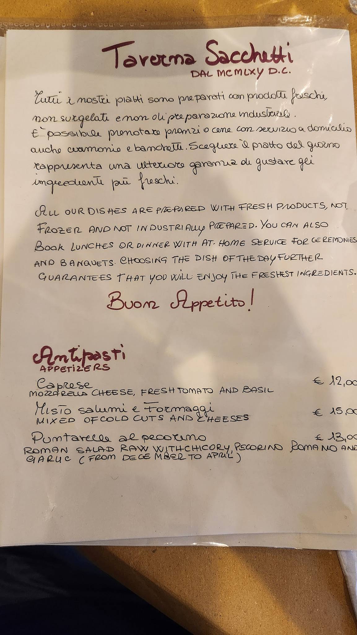 Menu di Taverna Sacchetti 