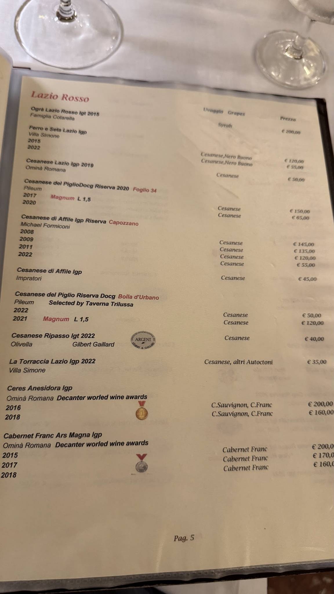Menu de Taverna Trilussa