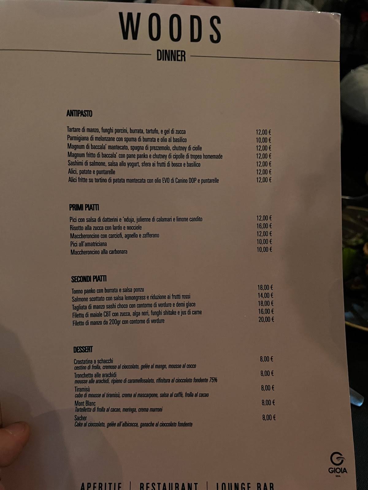 Menu di Woods - Centocelle 