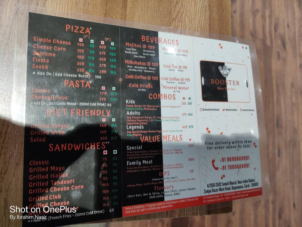 Rooster Fast Food Restaurant menu