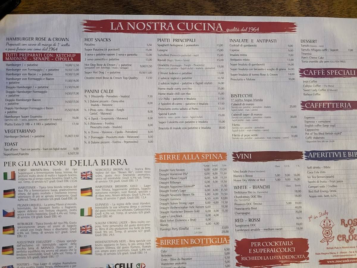 Menu di Rose&Crown pub 