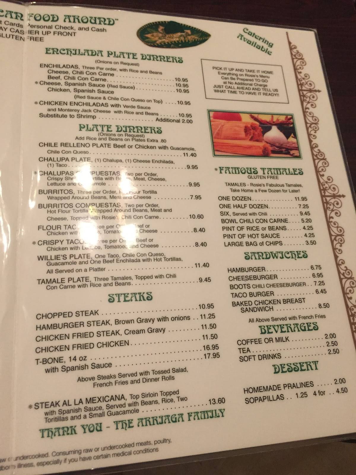 Menu at Rosie's Tamale House restaurant, Bee Cave, State Hwy 71