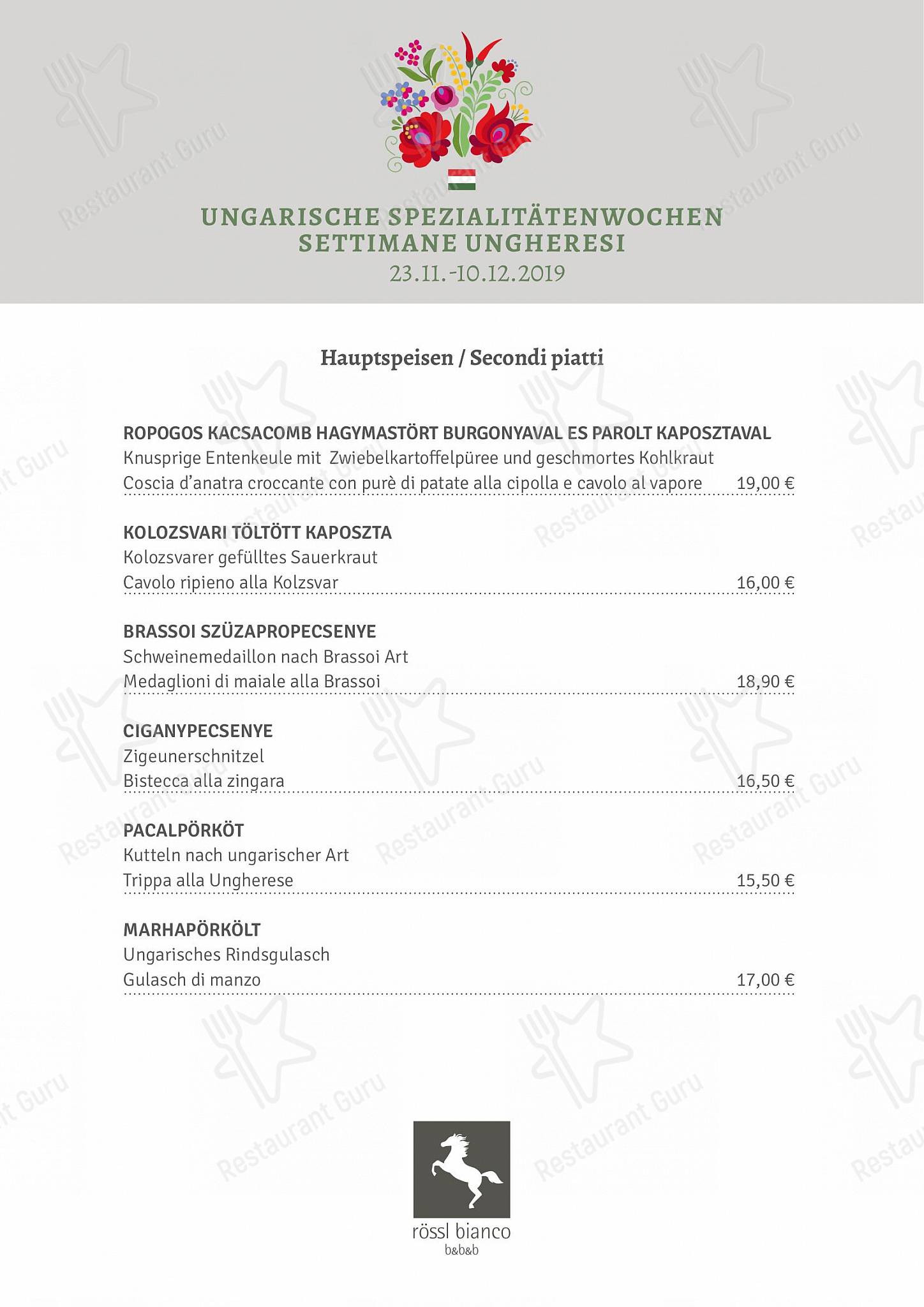 Rössl bianco in Merano - Cafe menu