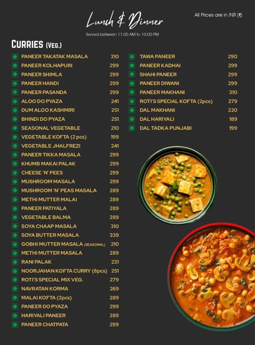 Roti Restaurant menu