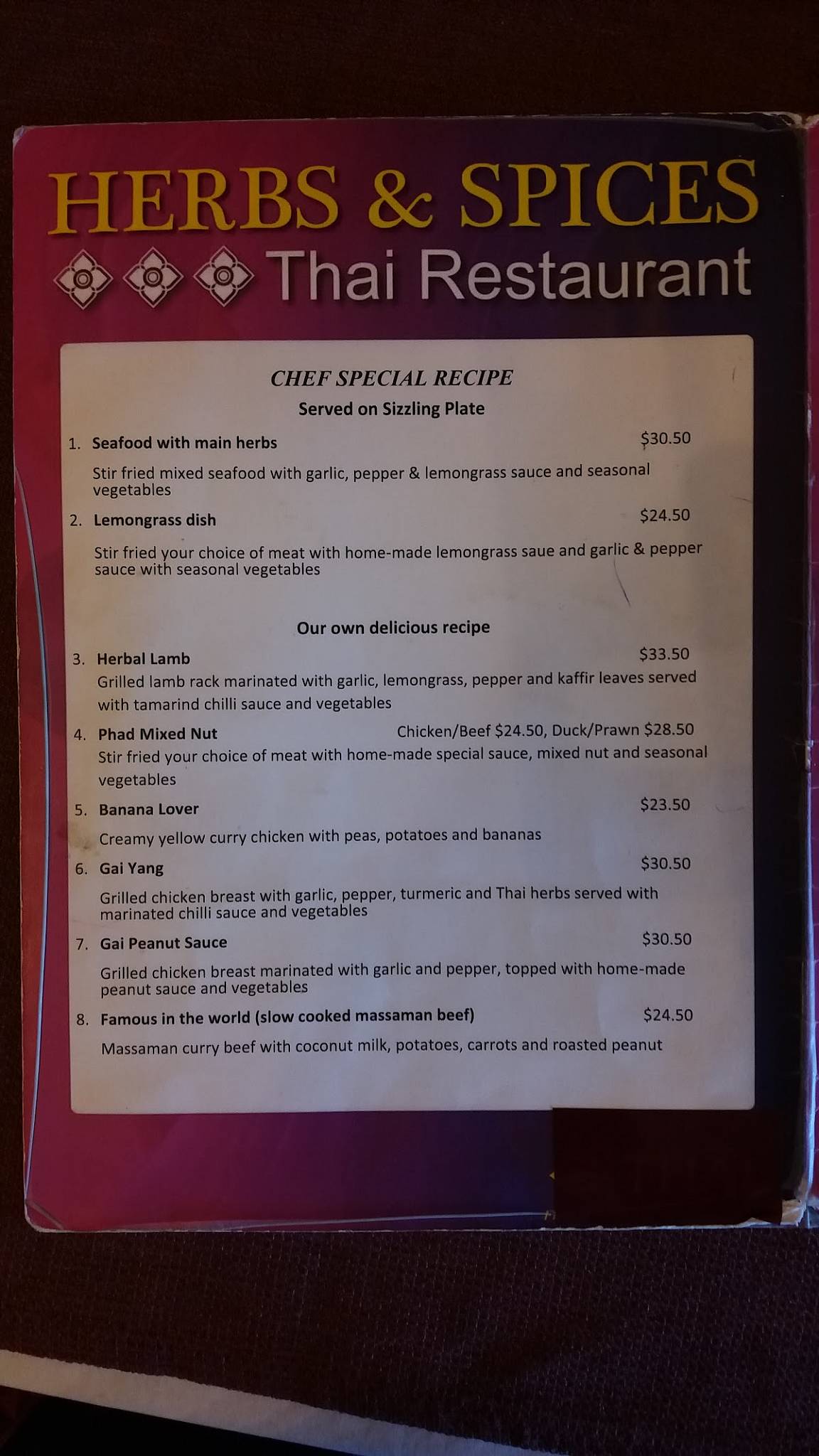 Menu at Herbs & Spice Thai Restaurant, Rotorua