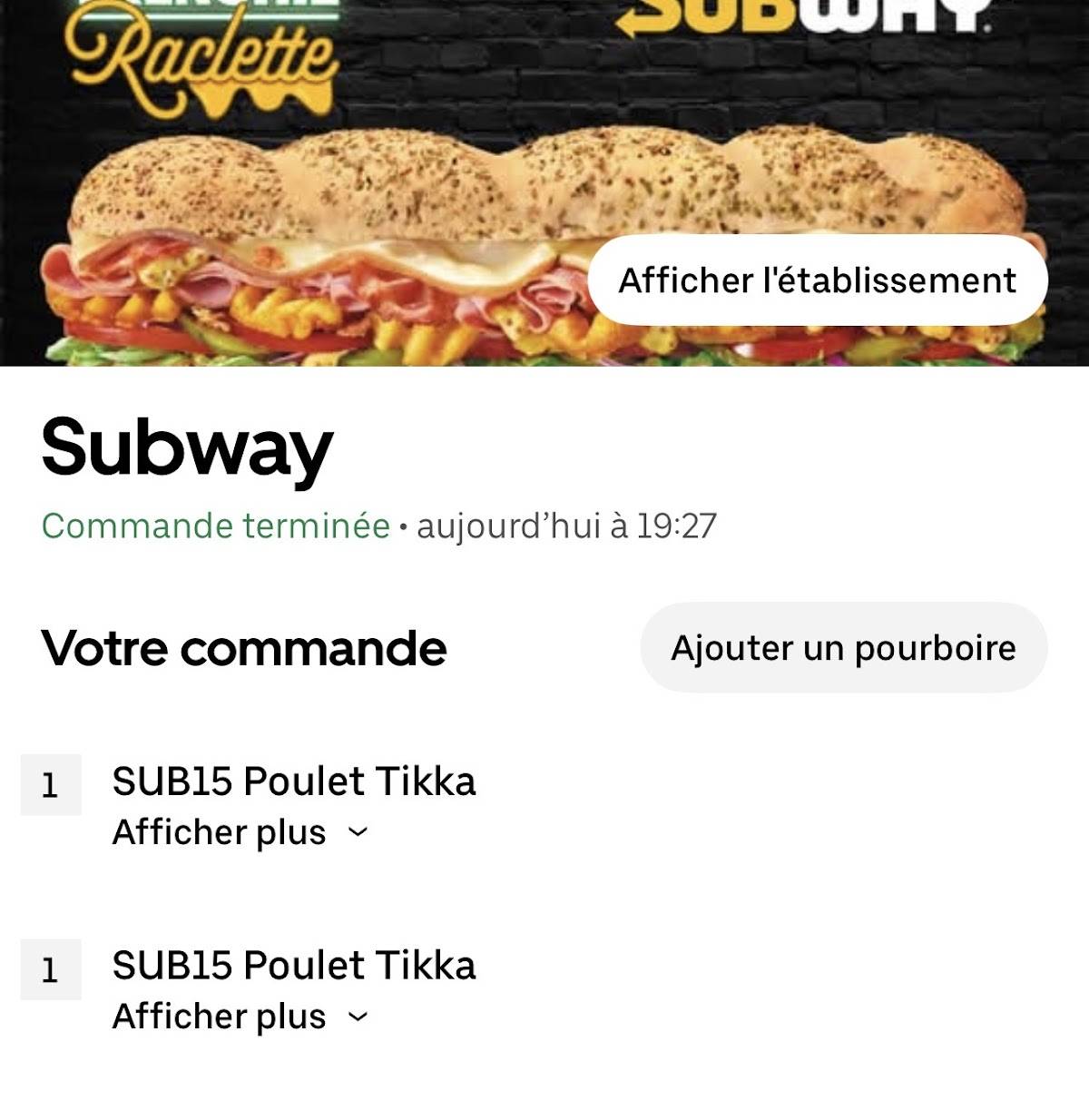 Menu de Subway